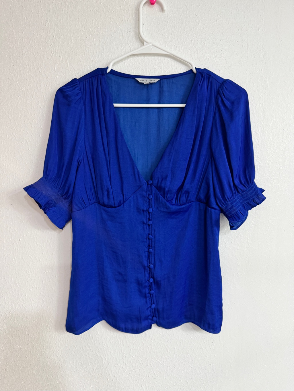Naked Zebra Royal Blue Satin V-Neck Blouse Sz S Smocked Ruffle Sleeve Button Up
